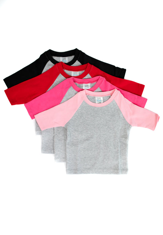 Unisex Raglan Shirt -- Grey Body Cotton Blank for Embroidery & Boutique | 3 Colors | Sizes 12M-10