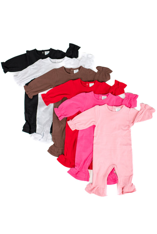 Long Sleeve Ruffle Romper – Girls Cotton Blank | 6 Colors | Embroidery & Boutique | 0-3M–2T