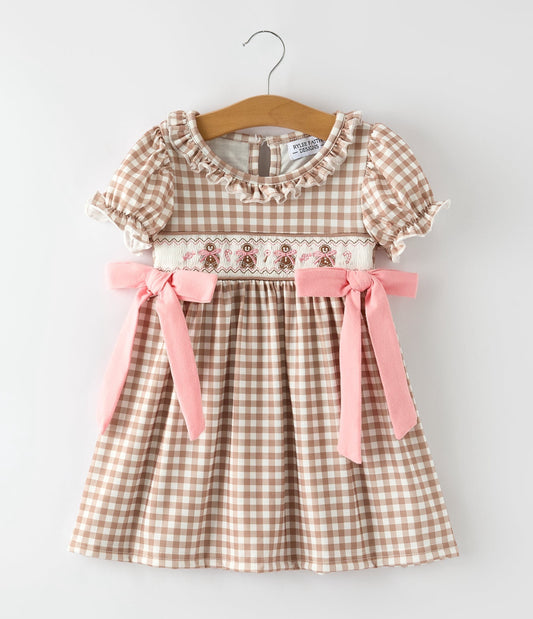 Christmas vintage-style plaid dress with embroidered gingerbread and bows