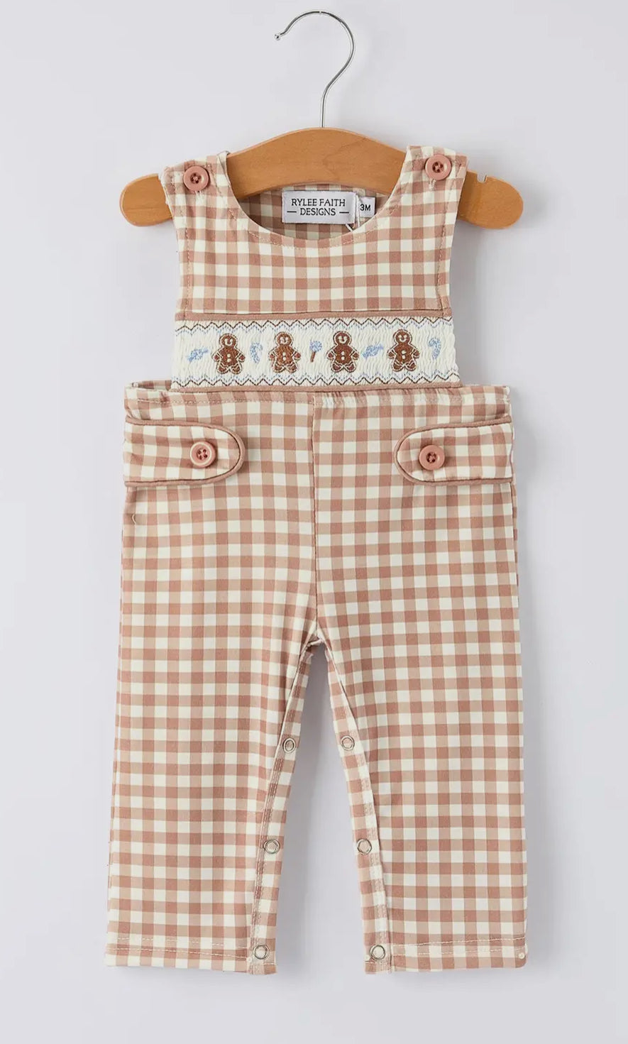 RTS- Christmas Vintage-Style Plaid
Embroidered Gingerbread and Bows Boy Romper