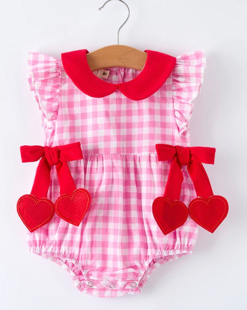 RTS-Valentine Pink Plaid Bubble Romper with Red Hearts and Bows