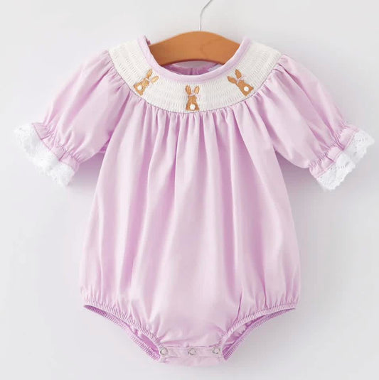 Girls Easter Bunny Smocking Embroidered Lace Cuff Purple Romper