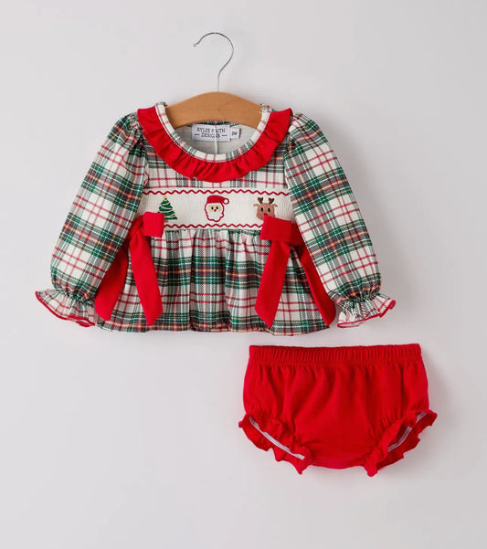 RTS- Christmas Plaid Smocking Embroidered Girls Bloomers Romper Set