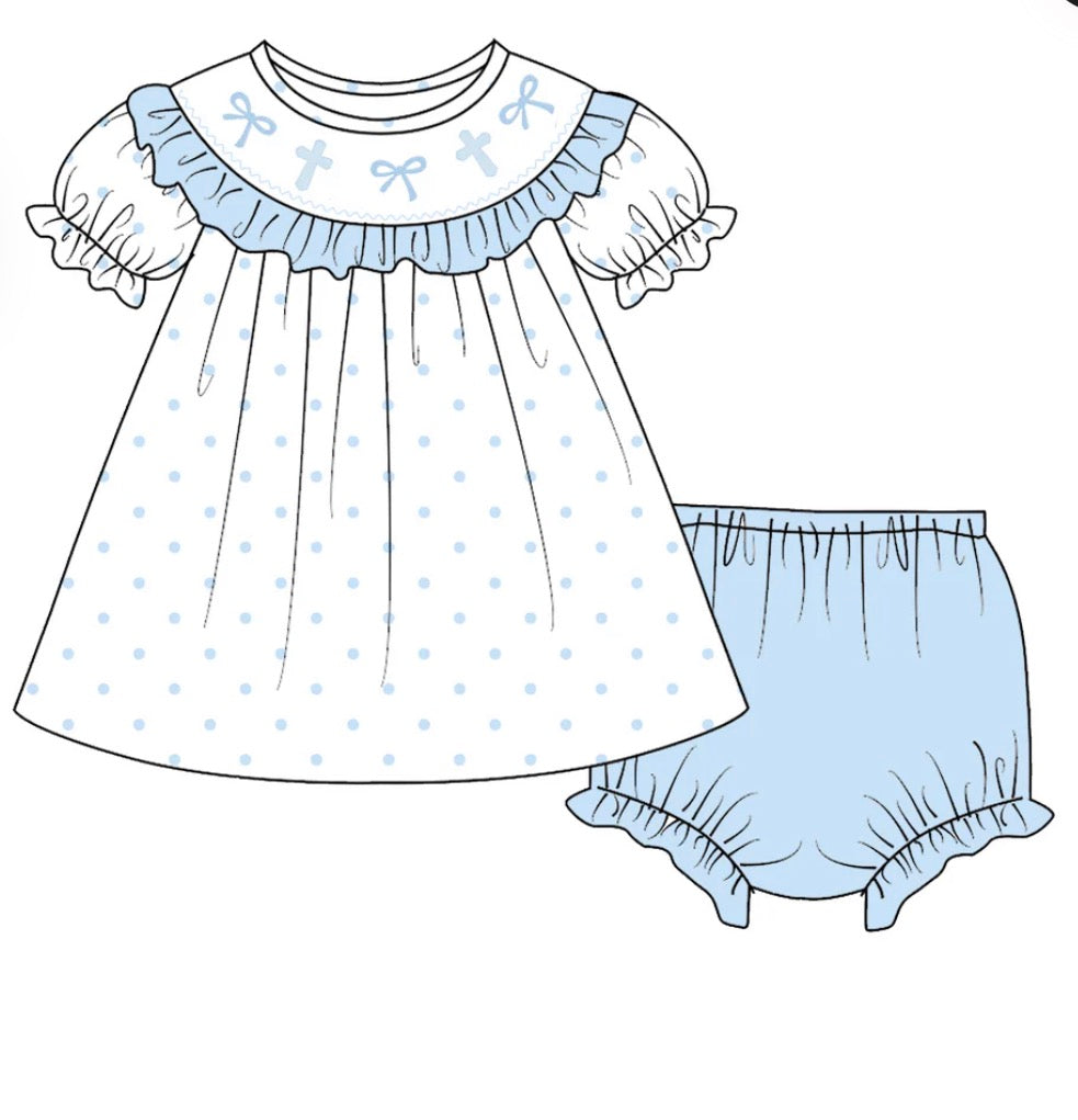 PO- EASTER CROSS & BOW EMBROIDERY SMOCKED BLOOMER SET