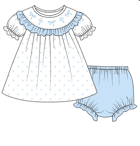 PO- EASTER CROSS & BOW EMBROIDERY SMOCKED BLOOMER SET