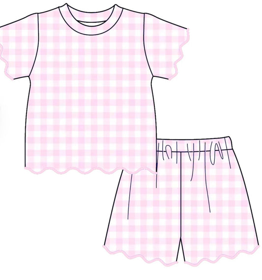 PO- Light Pink Gingham Darling Scalloped Shorts Set