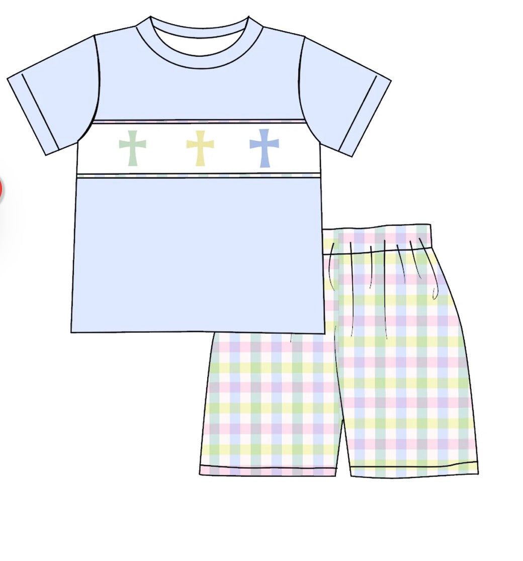 PO- PASTEL PLAID EASTER CROSS EMBROIDERY SMOCKED BOYS SHORTS SET