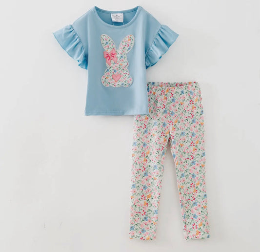 Floral bunny applique pants set