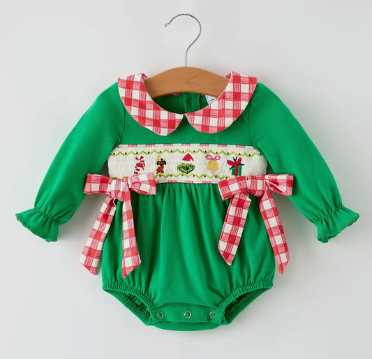 Christmas Character Candy Embroidery Green Baby Girls Romper