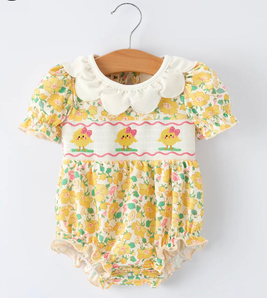 PREORDER Easter Yellow Chick Embroidery Floral Baby Girl Romper