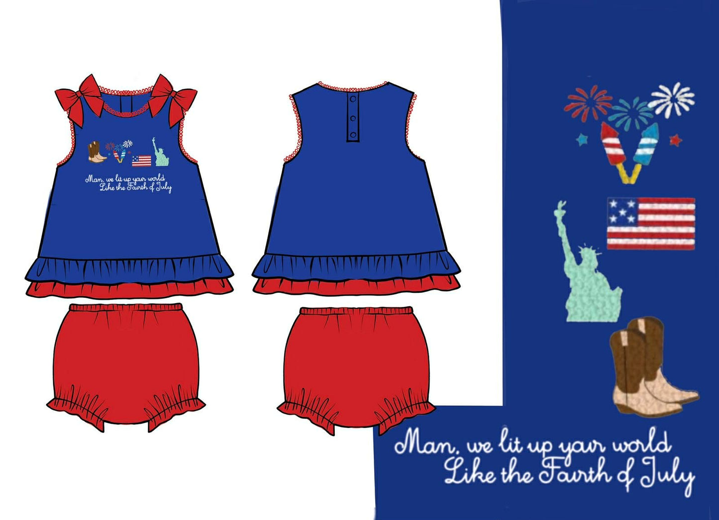 PREORDER- Man, we lit up your world like the 4th of July bloomer set