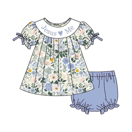 PO- Jesus Loves Me Blue Floral Bloomer Set