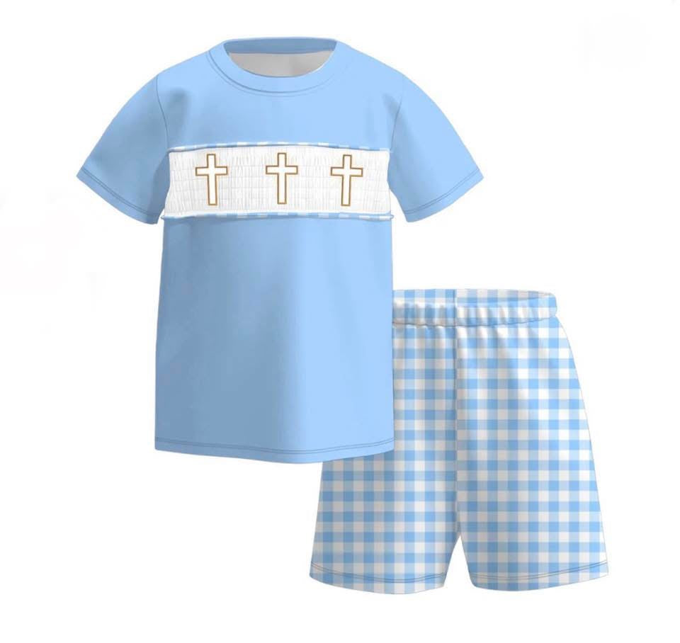 PO- Easter Grace Cross Embroidered Boy Shorts Set