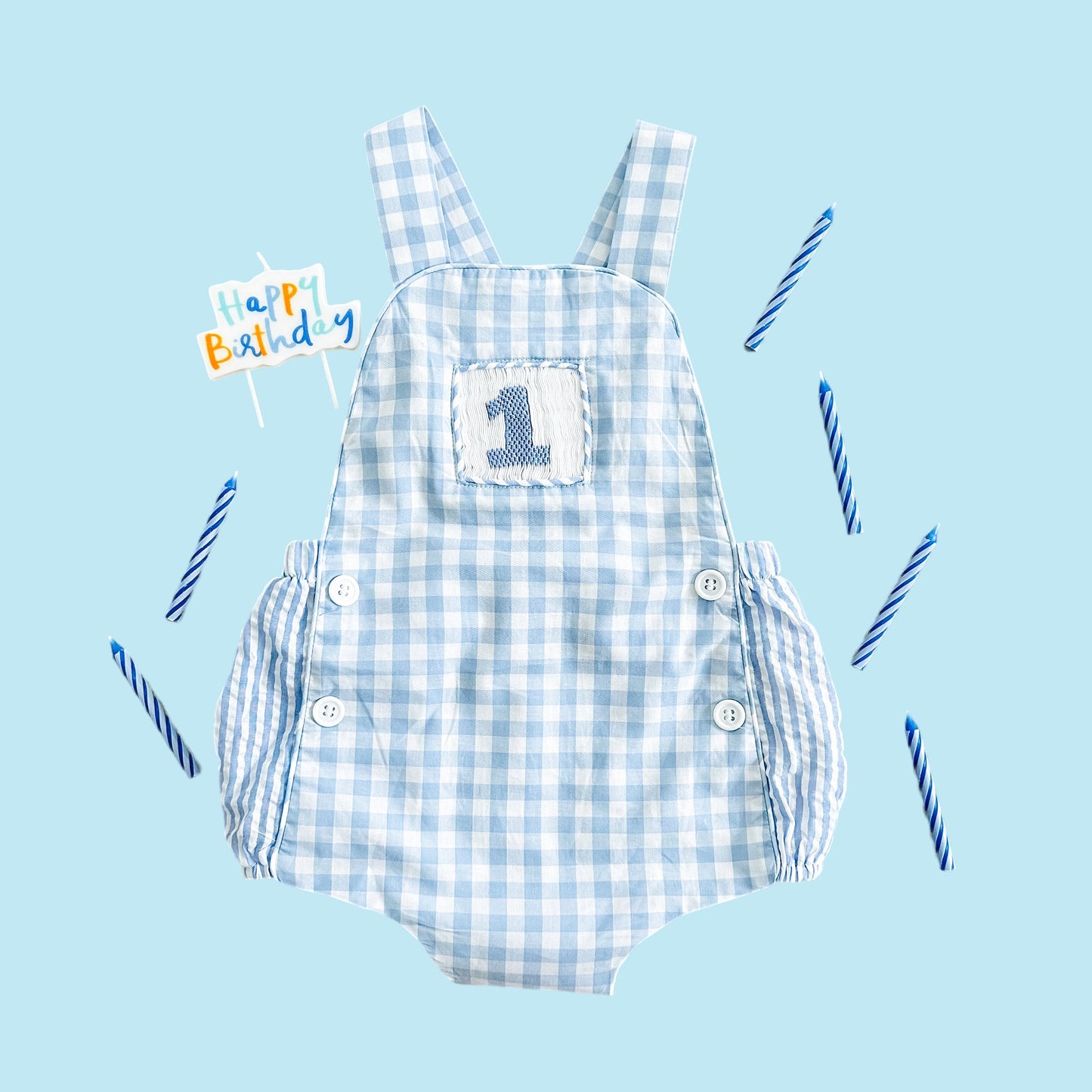 Baby Boy First Birthday Outfit – Smocked Blue Birthday Bubble