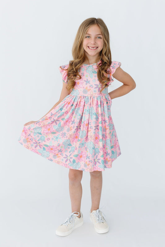 Beachy Blooms Flutter Sleeve Twirl Dress