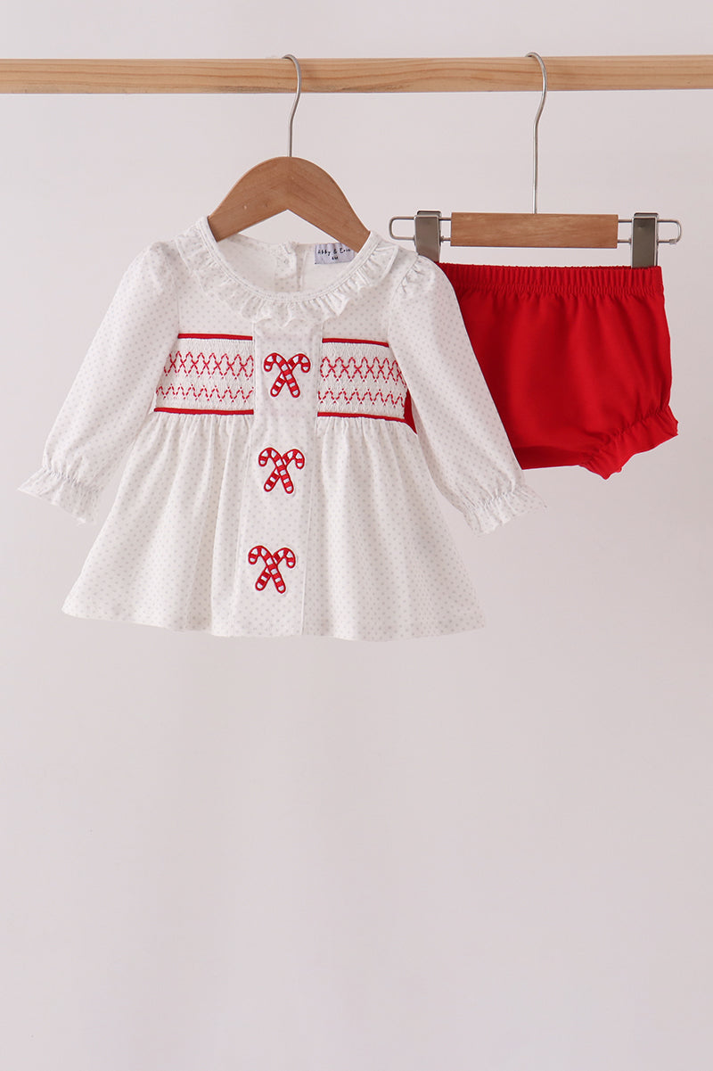 White Candy Cane Smocked polka dot Bloomer Set