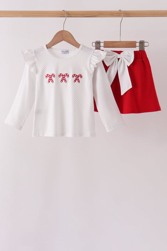 White Candy Cane Smocked polka dot Ruffle Skorts Set