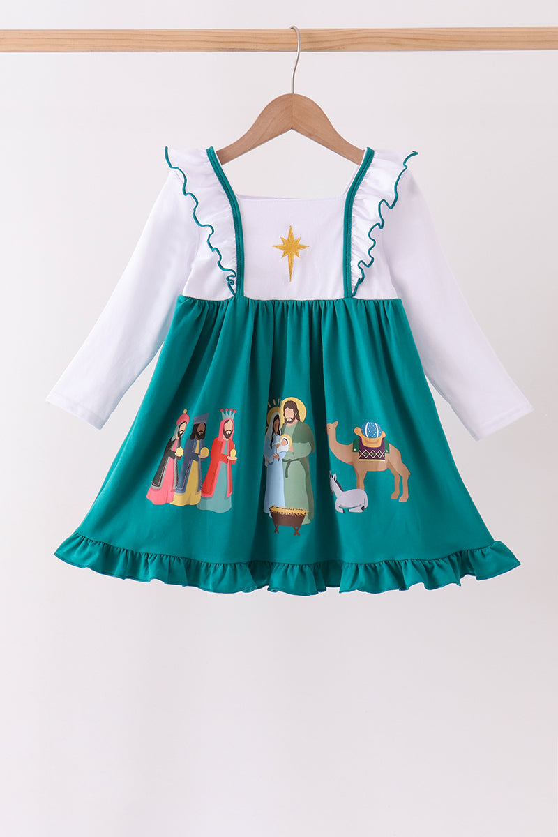Forest Nativity Embroidery Ruffle Dress