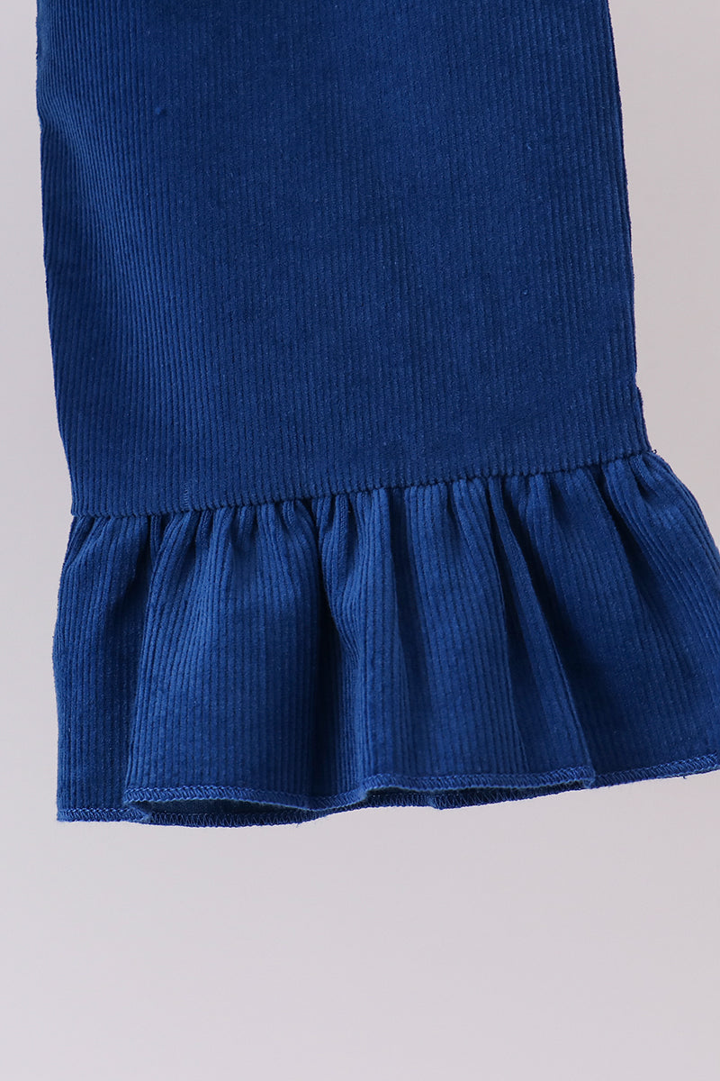 Blue Nativity corduroy Embroidery Ruffle Pants Set