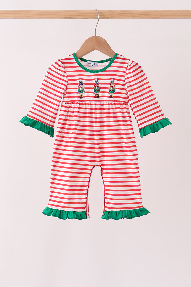 Red Nutcracker Embroidery Ruffle Stripe Romper