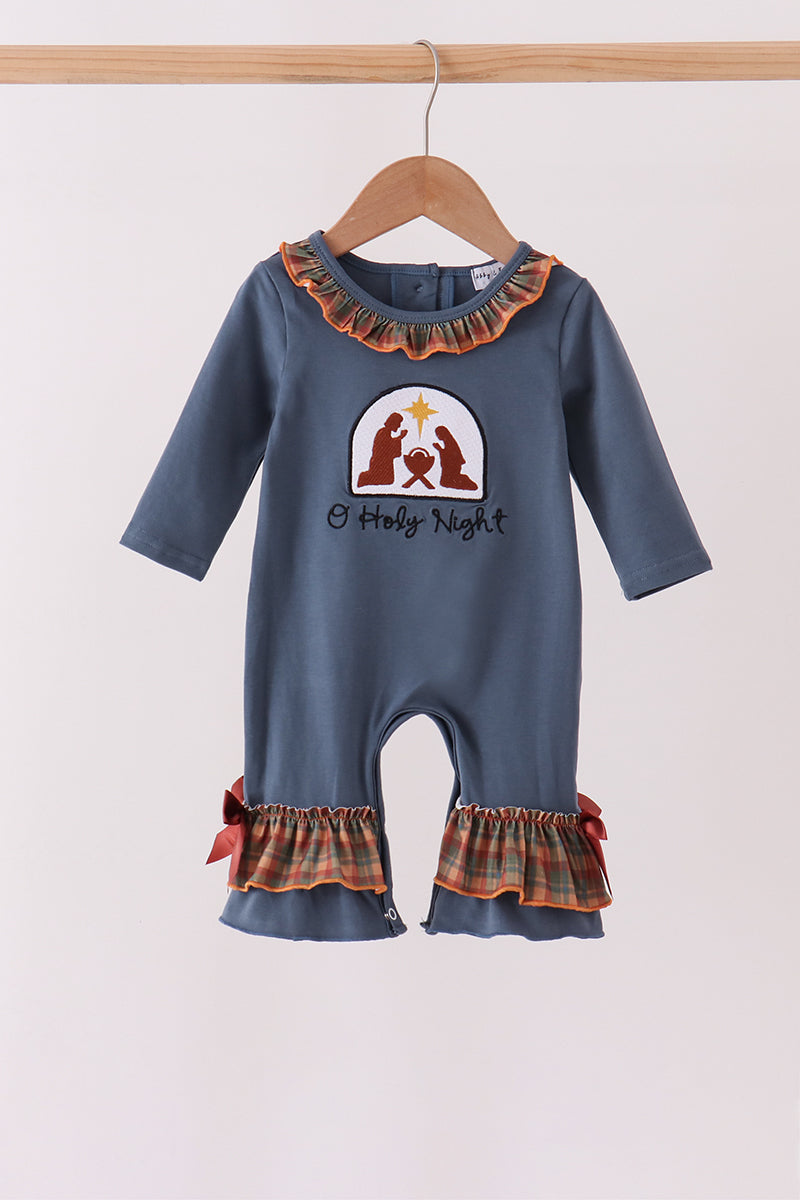 Blue Nativity Embroidery Ruffle Romper