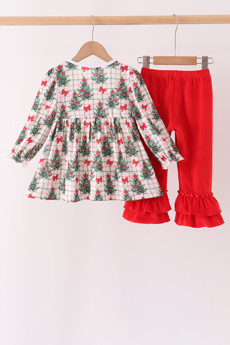 Red Bow Embroidery Velvet Ruffle Pants Set