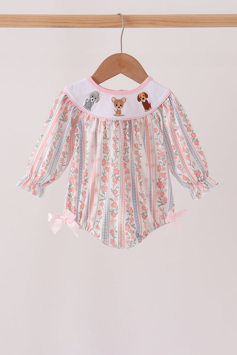 Pink Floral Puppy Embroidery Bow Bubble