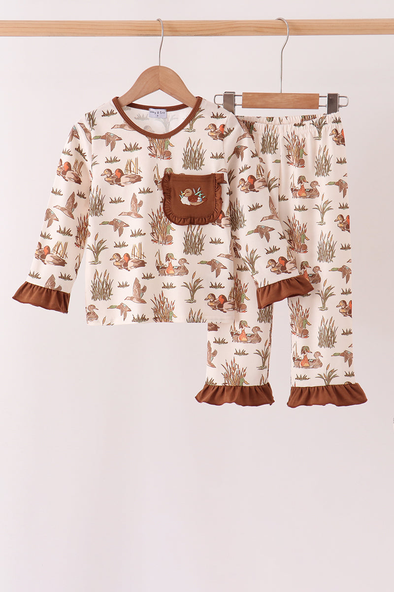 Brown Duck Embroidery Ruffle Pants Set