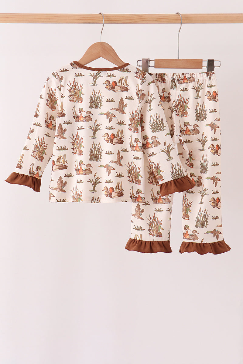 Brown Duck Embroidery Ruffle Pants Set