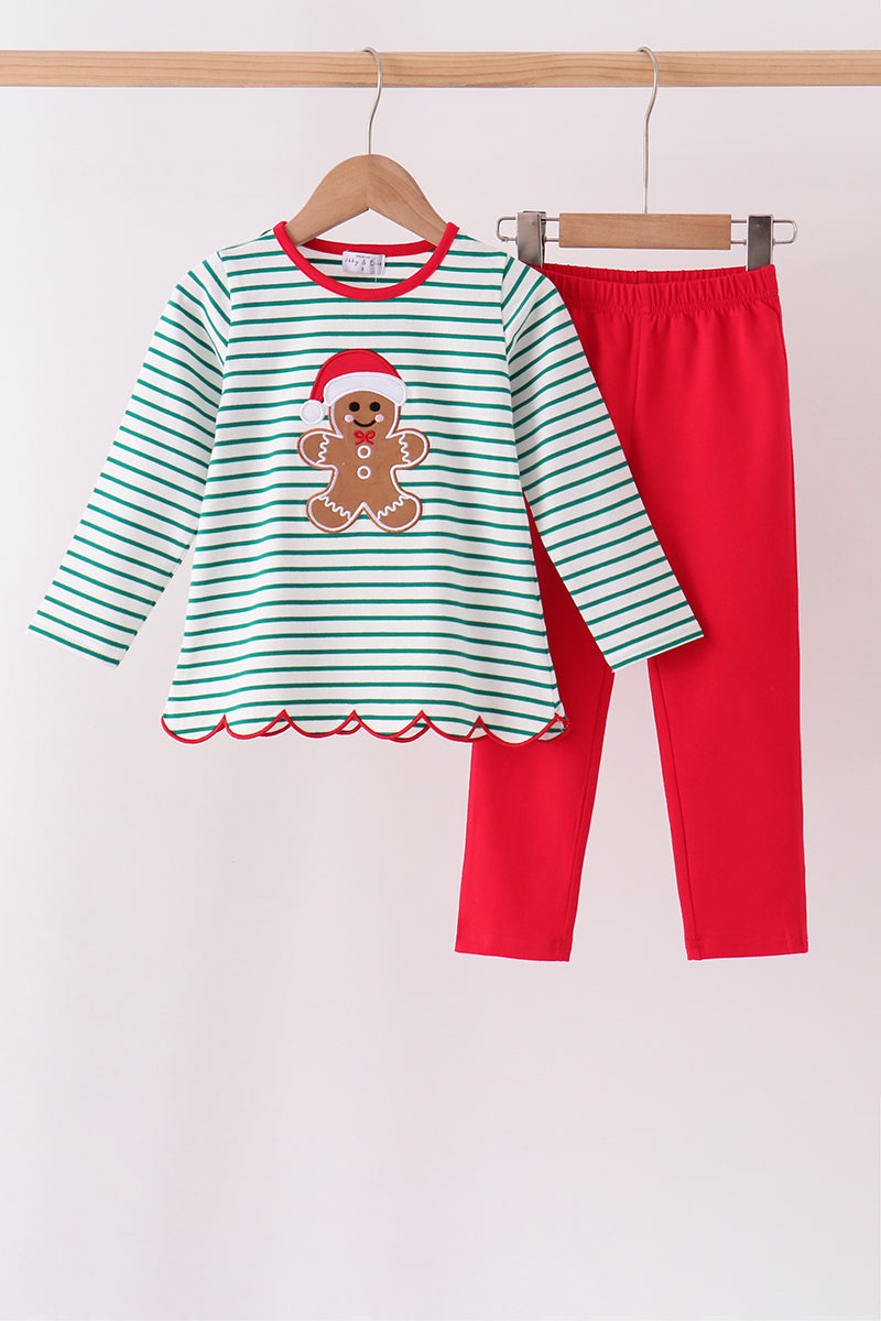 Green stripe gingerbread embroidery scalloped pants set