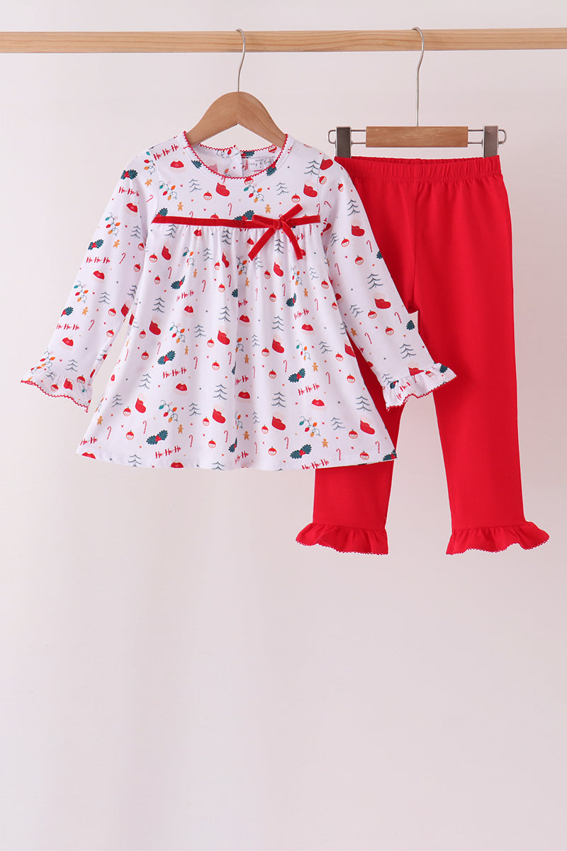 Red holly print ruffle pants set