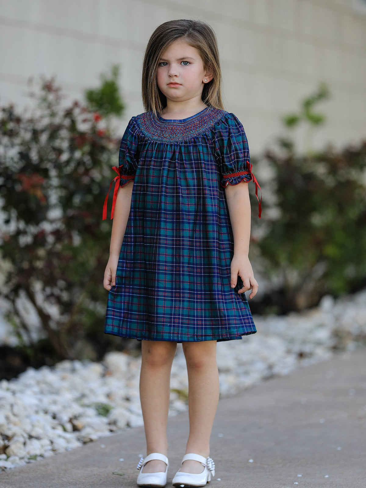 Christmas Girls Plaid Smocked Dres Puff Sleeves