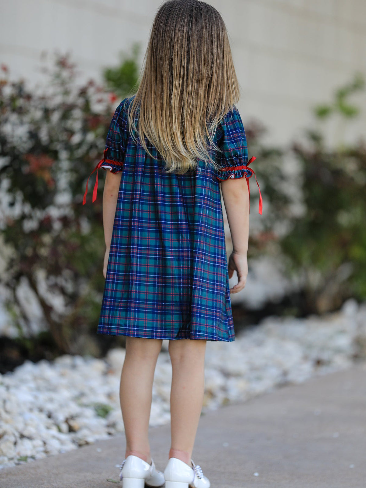 Christmas Girls Plaid Smocked Dres Puff Sleeves