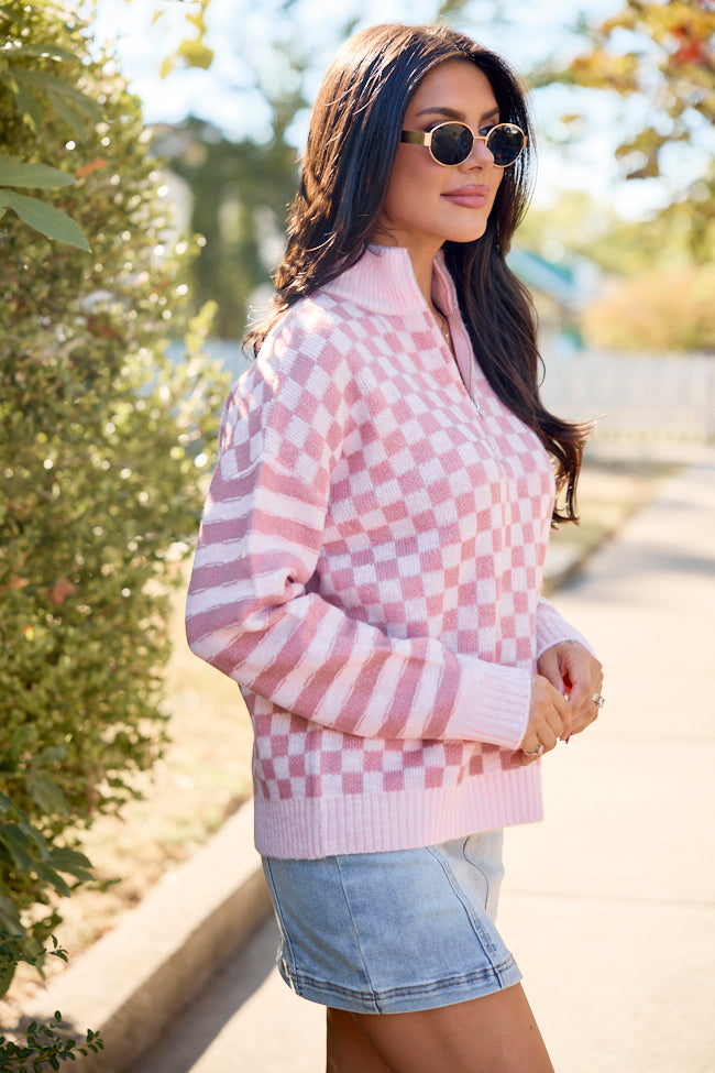 Daydream State Pink Checkered Quarter Zip Sweater