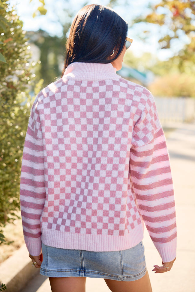 Daydream State Pink Checkered Quarter Zip Sweater