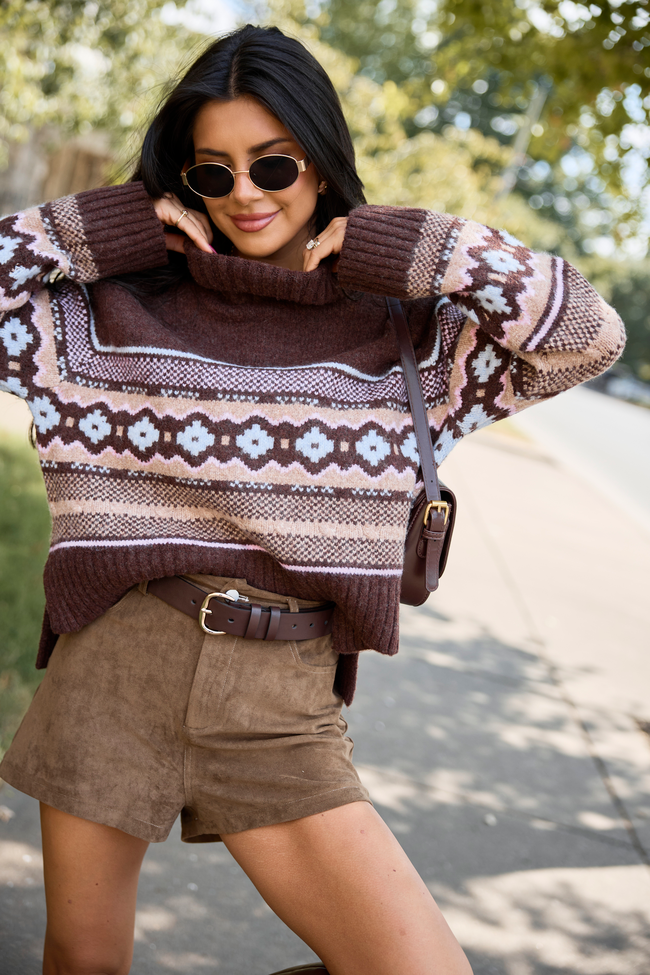 Winter Cottage Cropped Fair Isle Turtleneck Sweater Brown/Pink