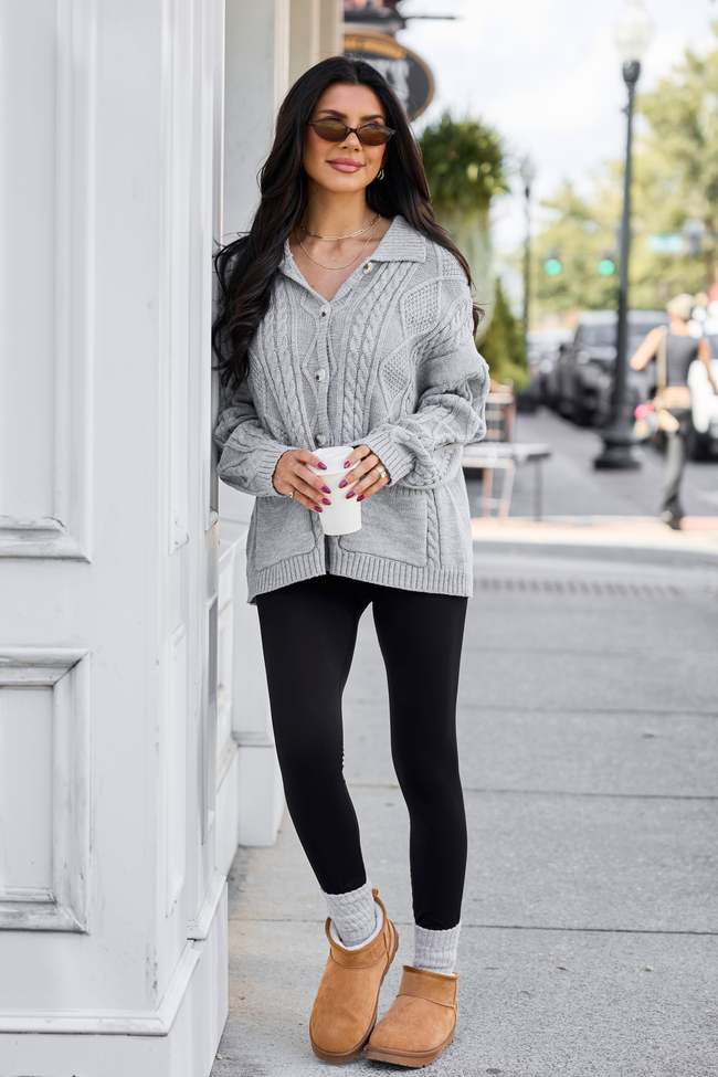 Frosted Morning Grey Cable Knit Button Cardigan Sweater
