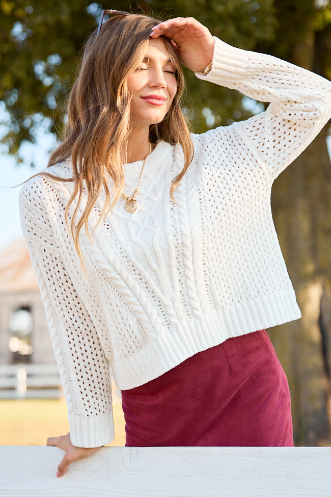Signature Style Cable Knit Crew Neck Sweater - White