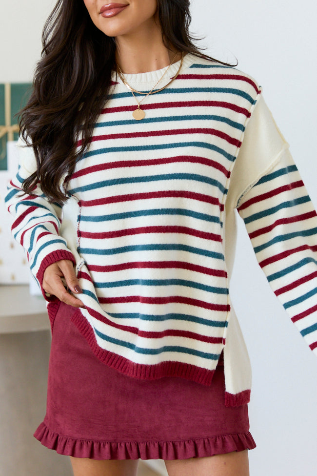 Cozy Christmas Red/Green Oversized Striped Sweater