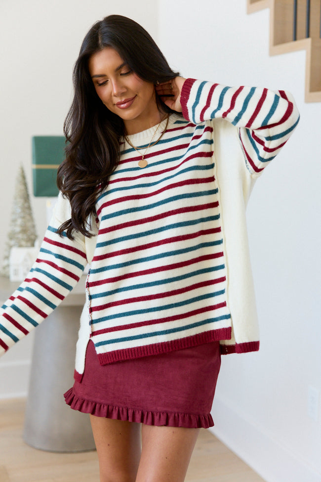 Cozy Christmas Red/Green Oversized Striped Sweater