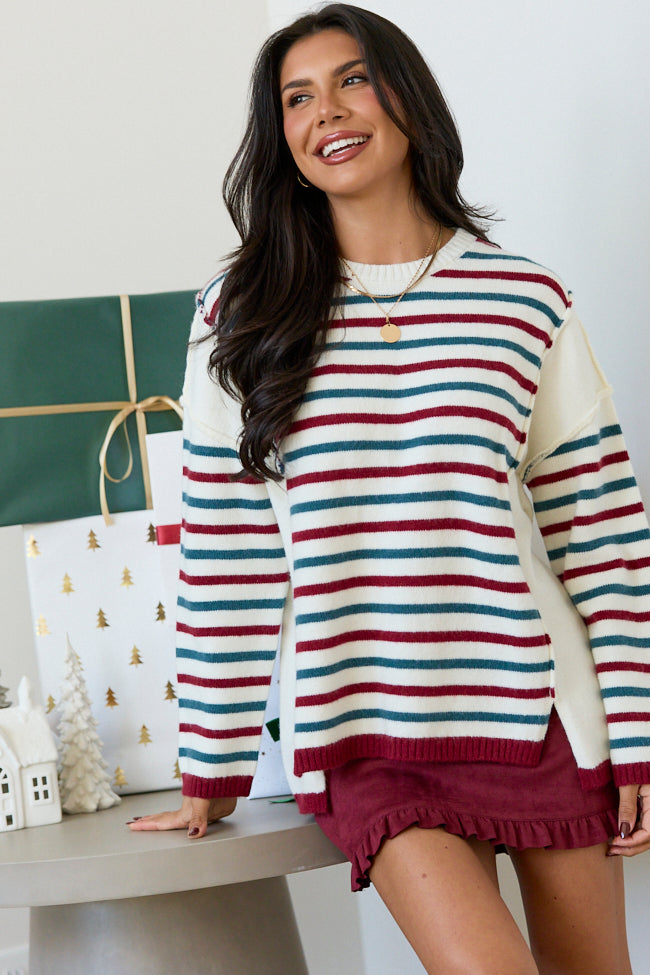 Cozy Christmas Red/Green Oversized Striped Sweater