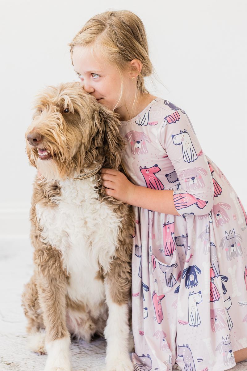 Puppy Party 3/4 Sleeve Pocket Twirl Dress