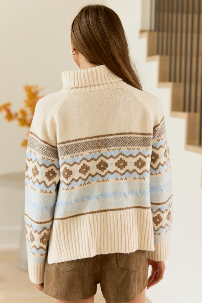 Winter Cottage Cropped Fair Isle Turtleneck Sweater Blue/White
