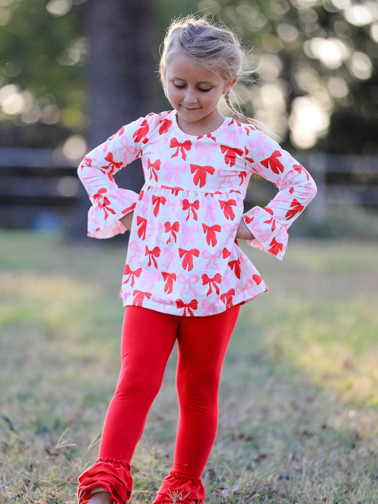 Baby Girls Valentine’s Bow Print Long Sleeve Ruffle Set