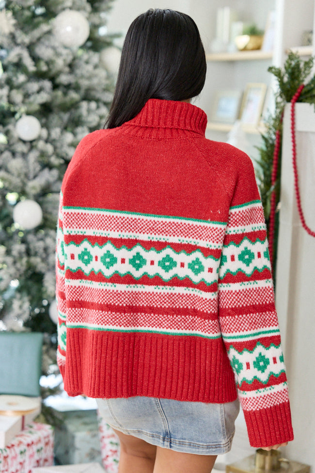 Winter Cottage Cropped Fair Isle Turtleneck Sweater Red/Green