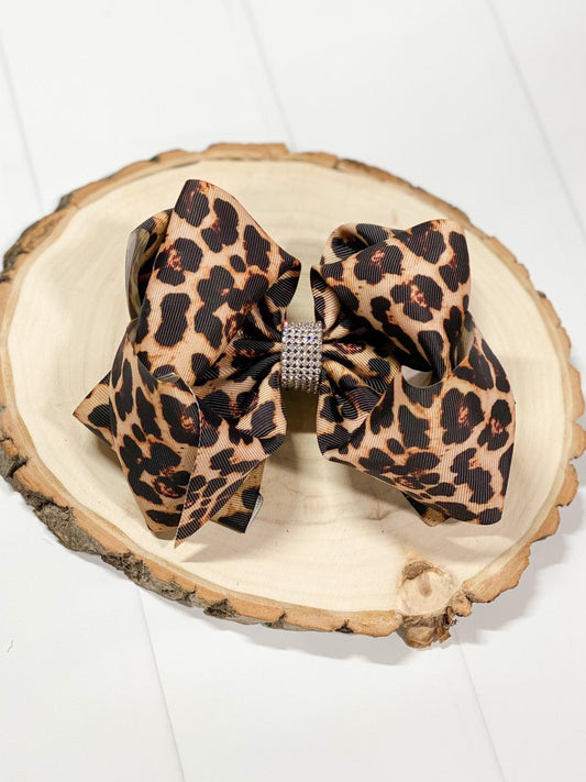 Animal Print Rhinestone Center Bow (Alligator Clip)  6"