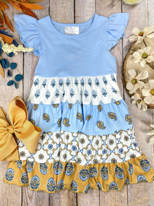 Blue Boho Patchwork Tiered Dress | Girls Floral Ruffle Dress