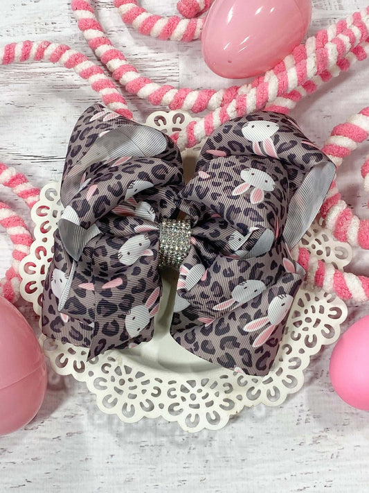 Bunnies Animal Print Rhinestone Center Texas Size Hair Bow