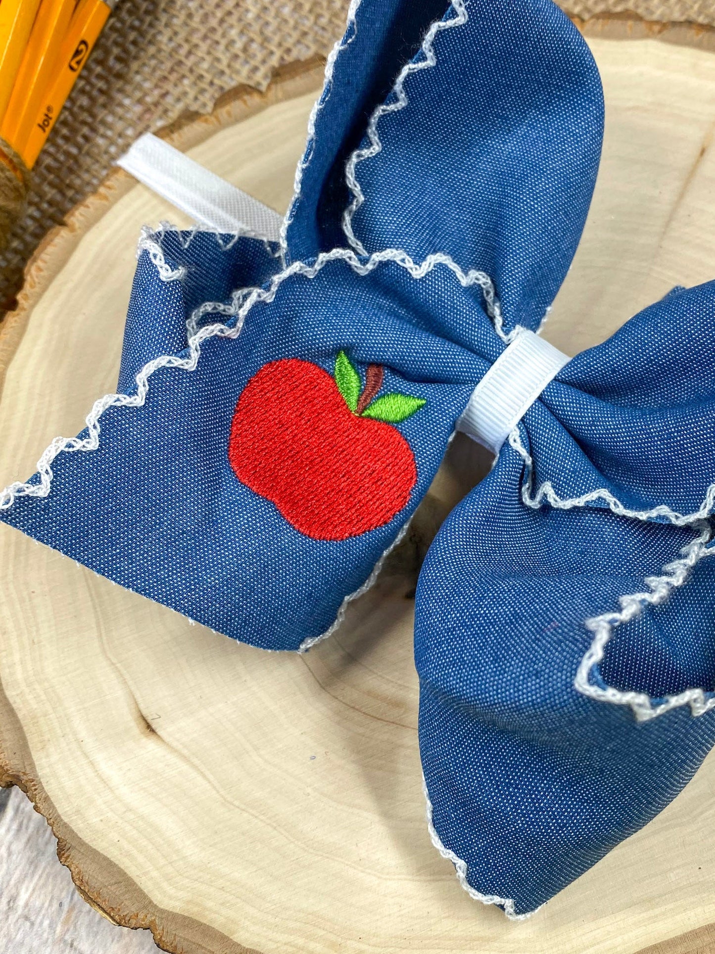 Denim Apple Embroidered Moonstitch Hair Bow | Clip or Headband