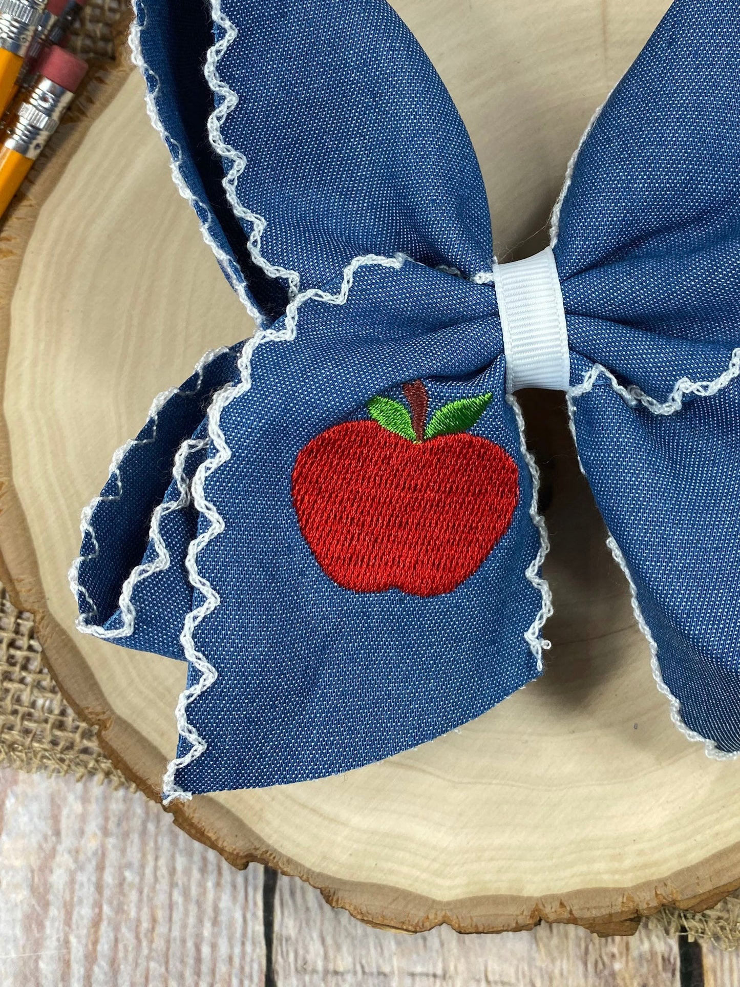 Denim Apple Embroidered Moonstitch Hair Bow | Clip or Headband